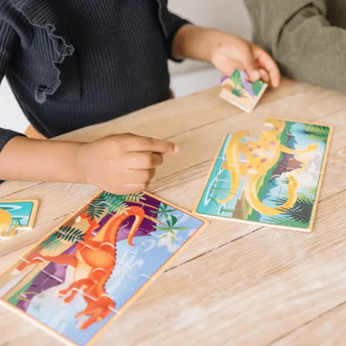 Trepuslespill m. 4 x 12 brikker - Dinosaurer